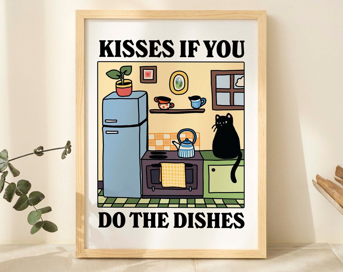 Kisses If You Do The Dishes Cat Retro Diner Poster