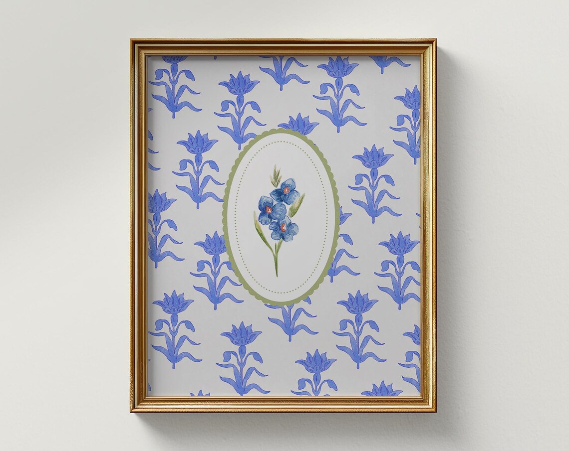 Vintage Blue Floral Cameo Medallion Heritage Garden Pattern Poster