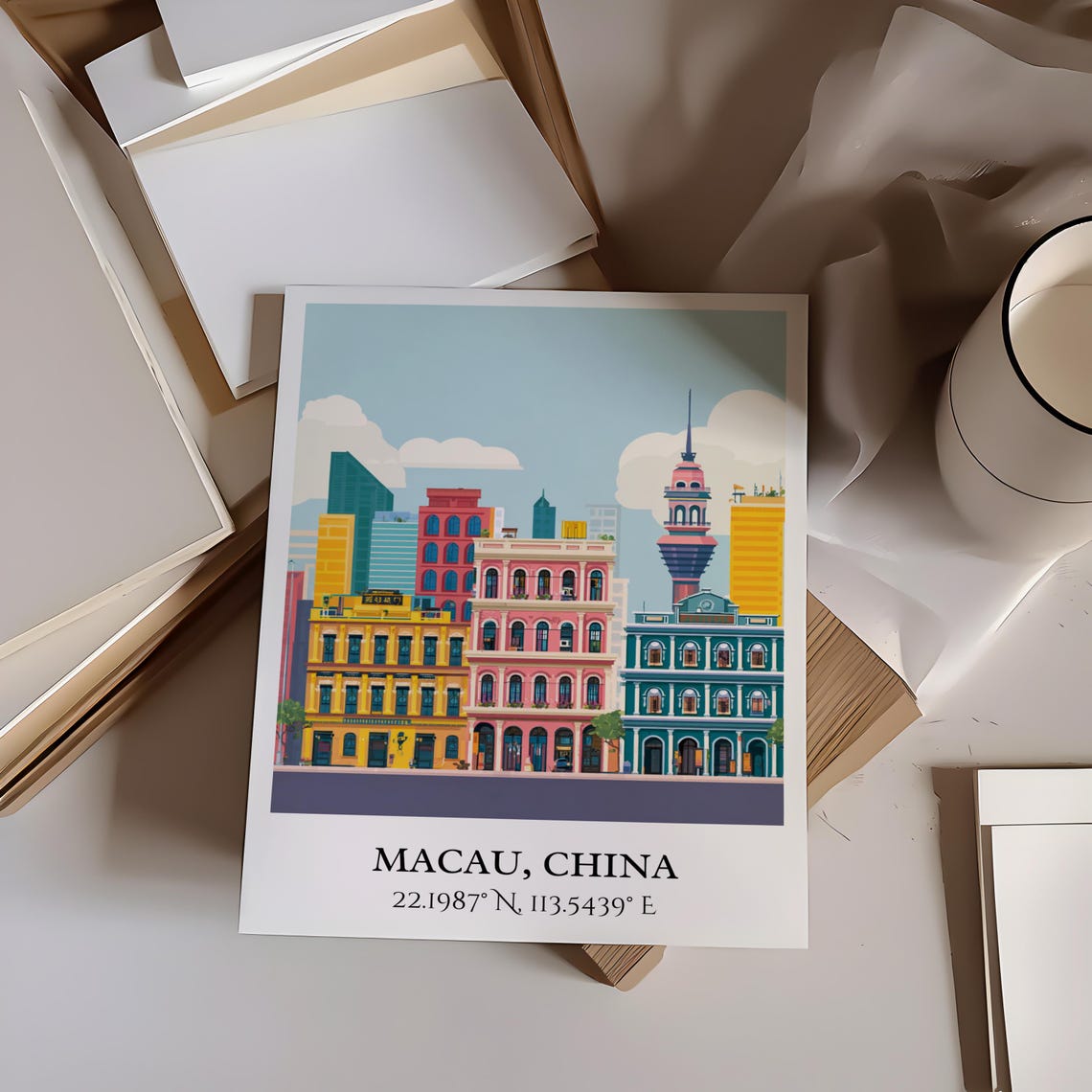 Macau China Colonial Buildings Pastel Flat Illustration Travel Poster - Image 4