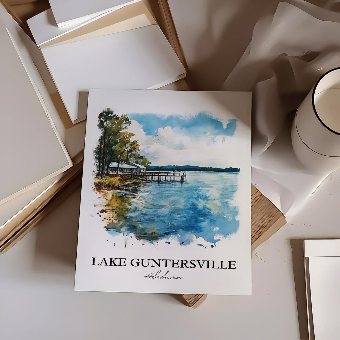 Lake Guntersville Alabama Pine Boathouse Dock Watercolor Poster - Image 3