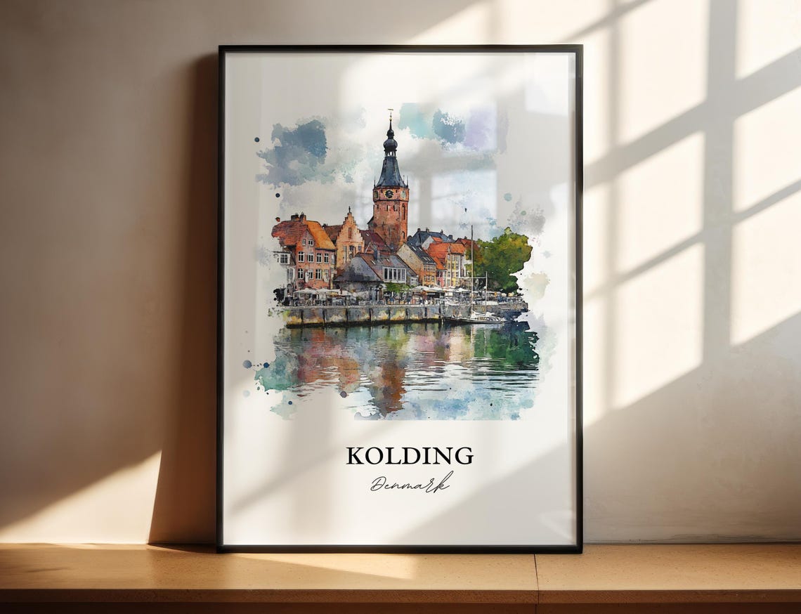 Kolding Denmark Waterfront Church Tower Reflection Watercolor Poster