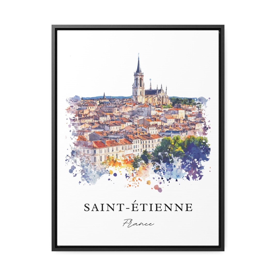 Saint Etienne France Watercolor City Panorama Church Spire Poster