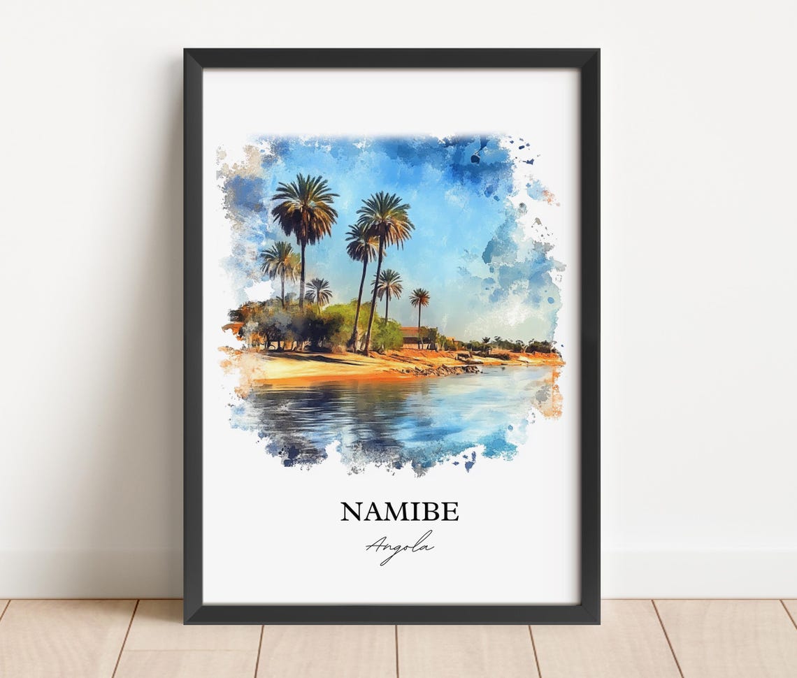 Namibe Angola Palm Trees Waterfront Oasis Watercolor Travel Poster - Image 4