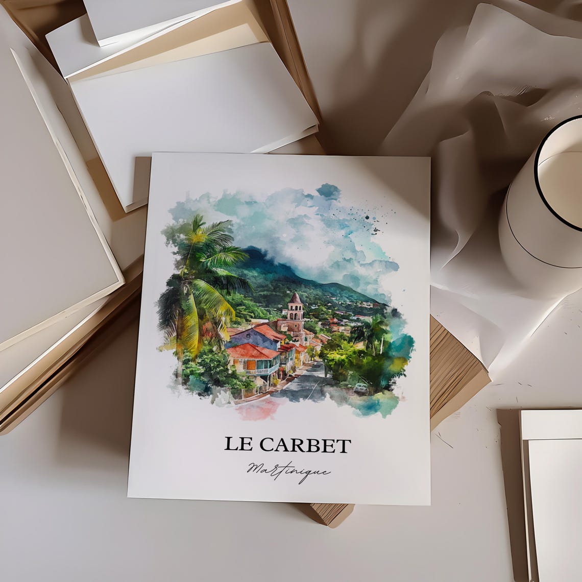Le Carbet Martinique Tropical Church Palm Coast Watercolor Poster - Image 3