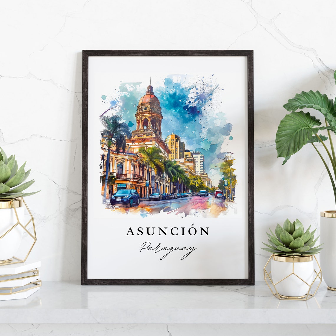 Asuncion Paraguay Historic Tower Watercolor Street Scene Poster - Image 3