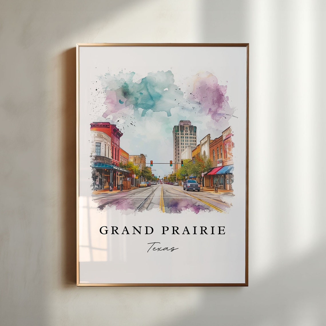 Grand Prairie Texas Downtown Main Street Buildings Watercolor Poster