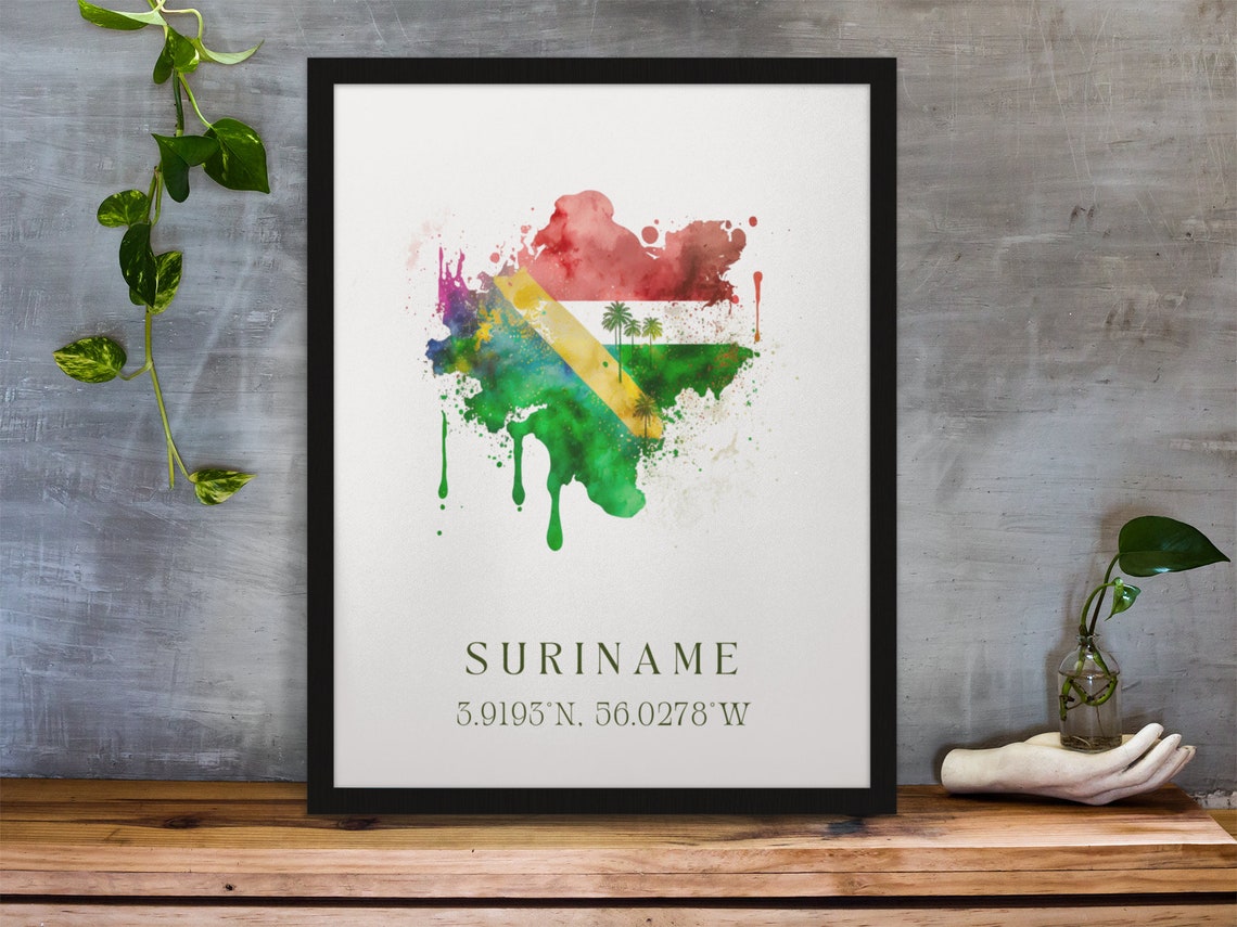 Suriname Watercolor Country Map Art Coordinates Travel Poster