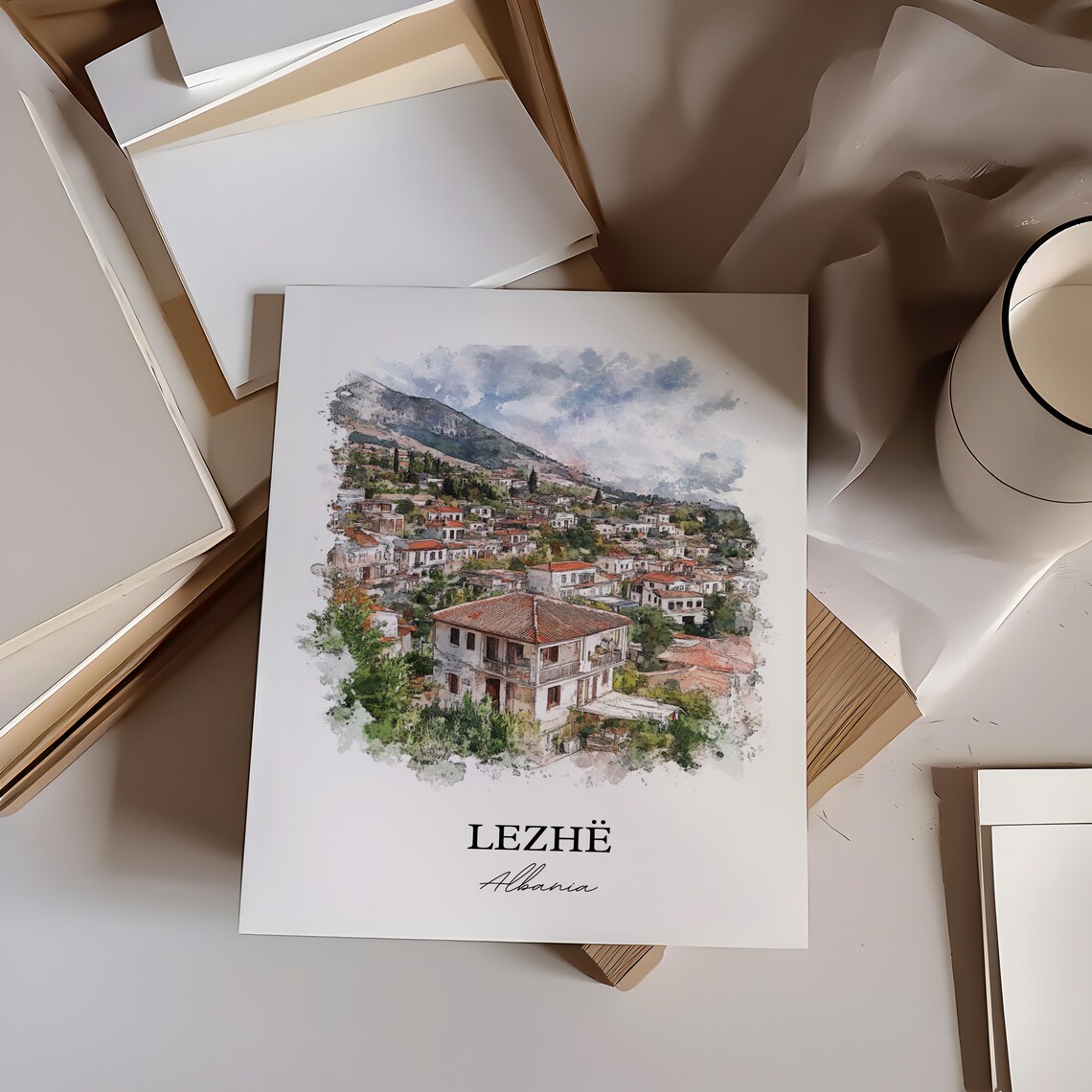 Lezhe Albania Hillside Town Watercolor Skyline Travel Art Wall Print - Image 5
