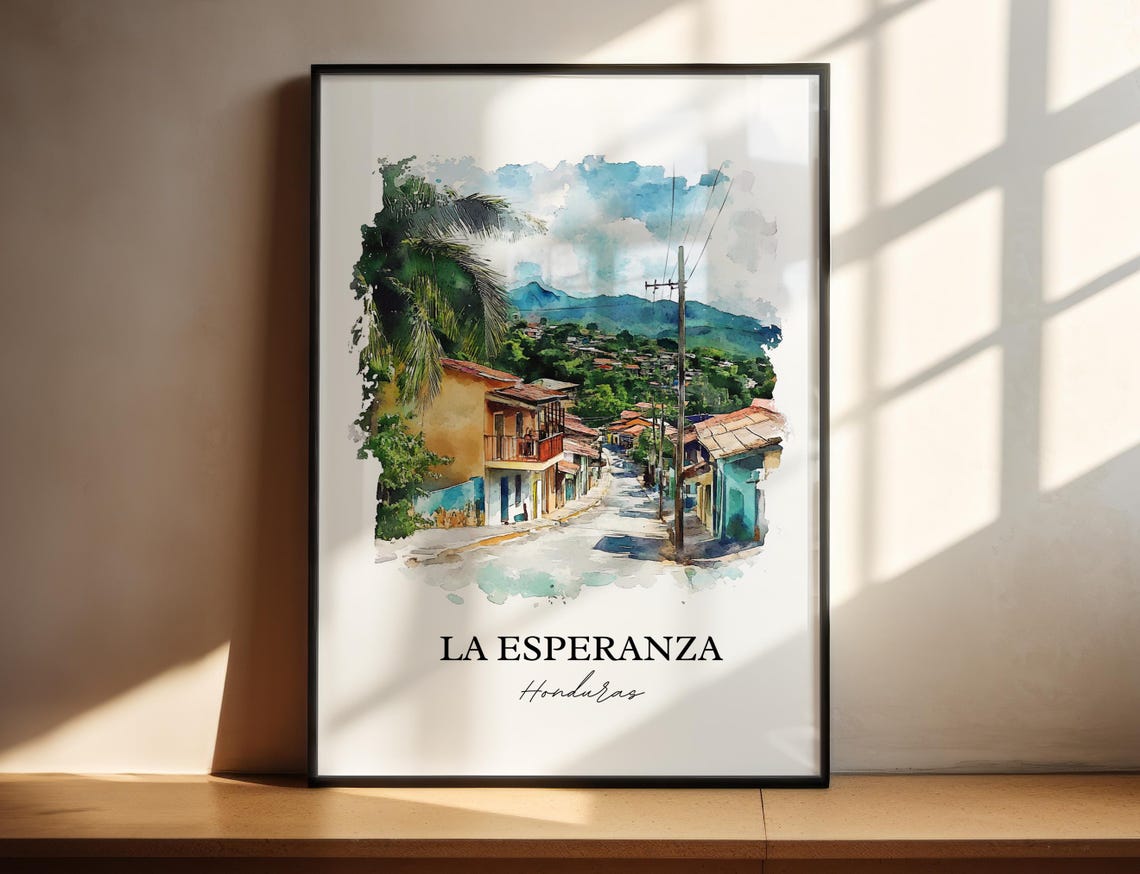 La Esperanza Honduras Palm Lined Street Mountains Watercolor Poster