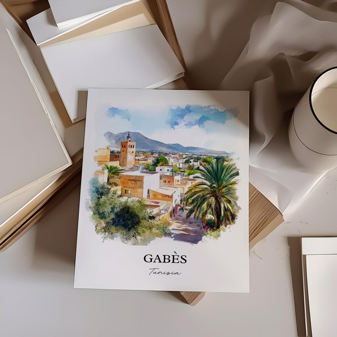 Gabes Tunisia Watercolor Old Town Minaret Palms Scene Poster - Image 4