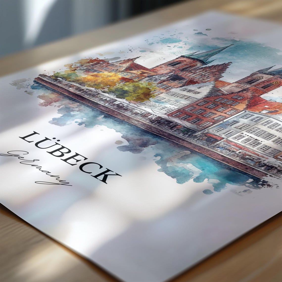 Lubeck Germany Harbor Church Spires Watercolor Travel Poster - Image 6