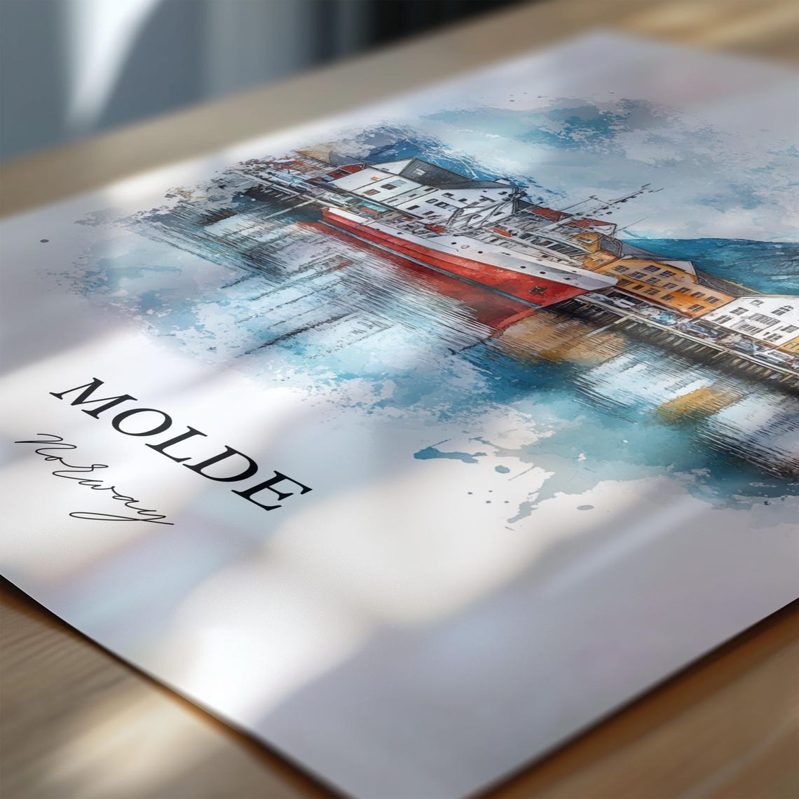 Molde Norway Watercolor Harbor Ship Mountain View Travel Poster - Image 6