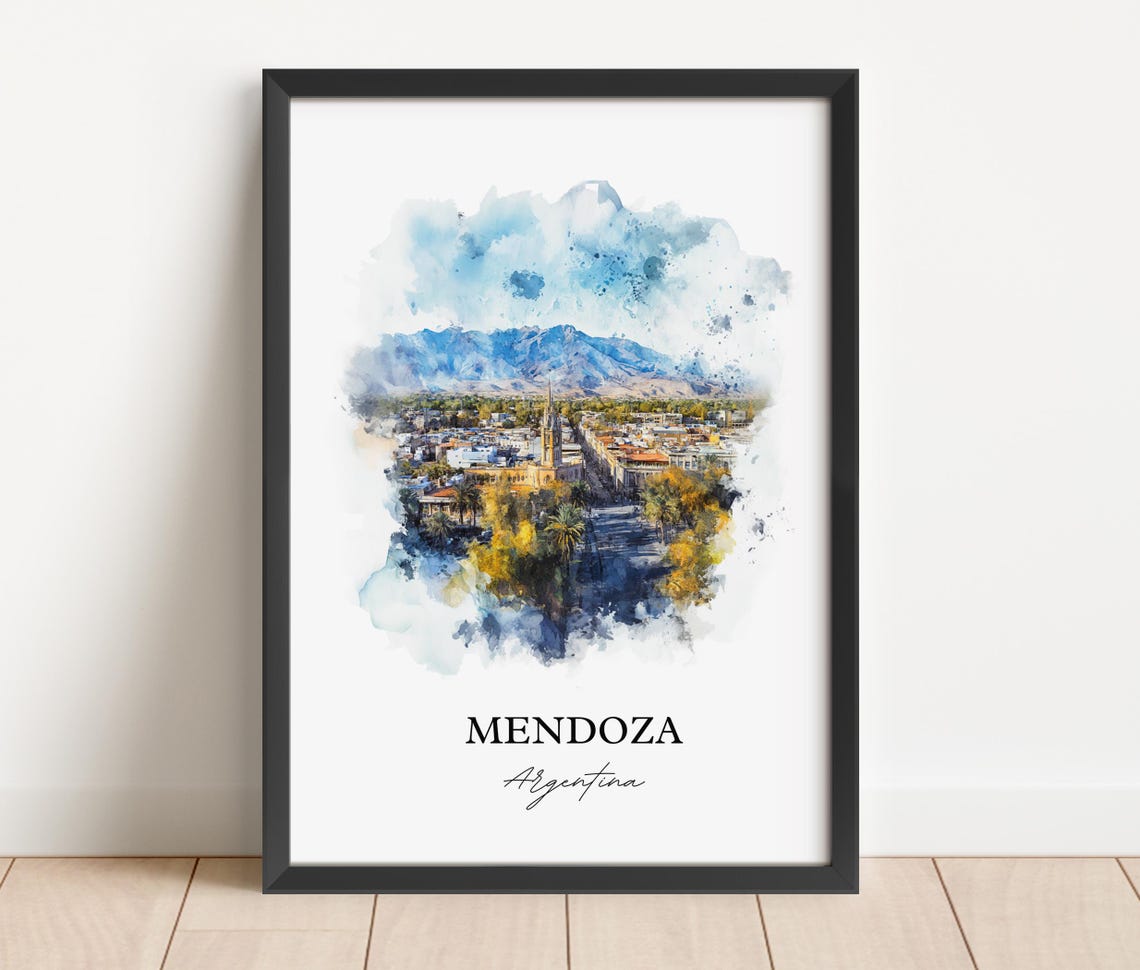 Mendoza Argentina Watercolor Tree Lined Street Mountain View Poster - Image 2
