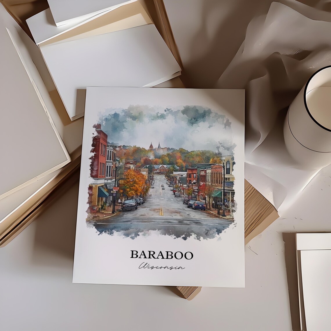 Baraboo Wisconsin Historic Downtown Autumn Watercolor Travel Poster - Image 3