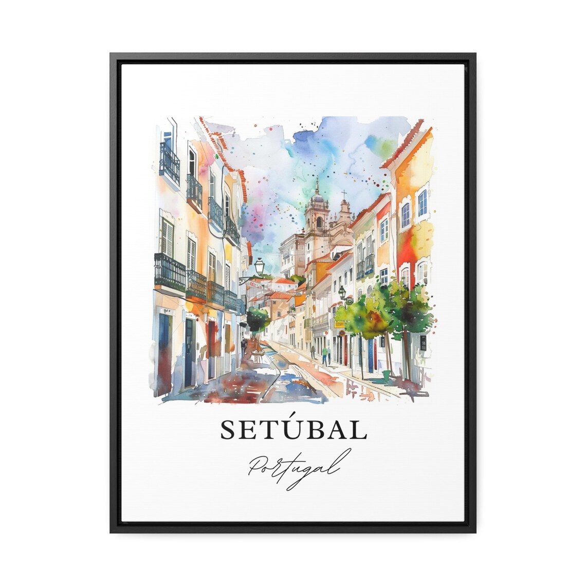 Setubal Portugal Colorful Old Town Street Watercolor Church Poster - Image 3