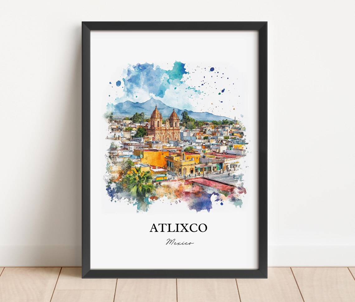 Atlixco Mexico Grand Volcano Church City Watercolor Travel Poster - Image 2
