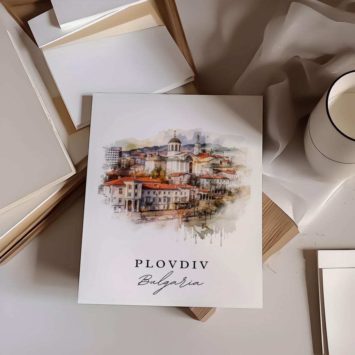 Plovdiv Bulgaria Watercolor Historic Old Town Scene Travel Poster - Image 6