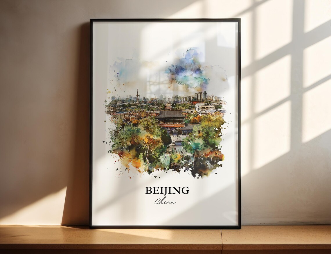 Beijing China Skyline Pagoda Cityscape Watercolor Travel Poster