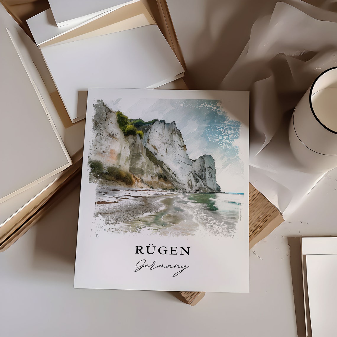 Rugen Germany Watercolor Chalk Cliffs Beach Scene Travel Poster - Image 6