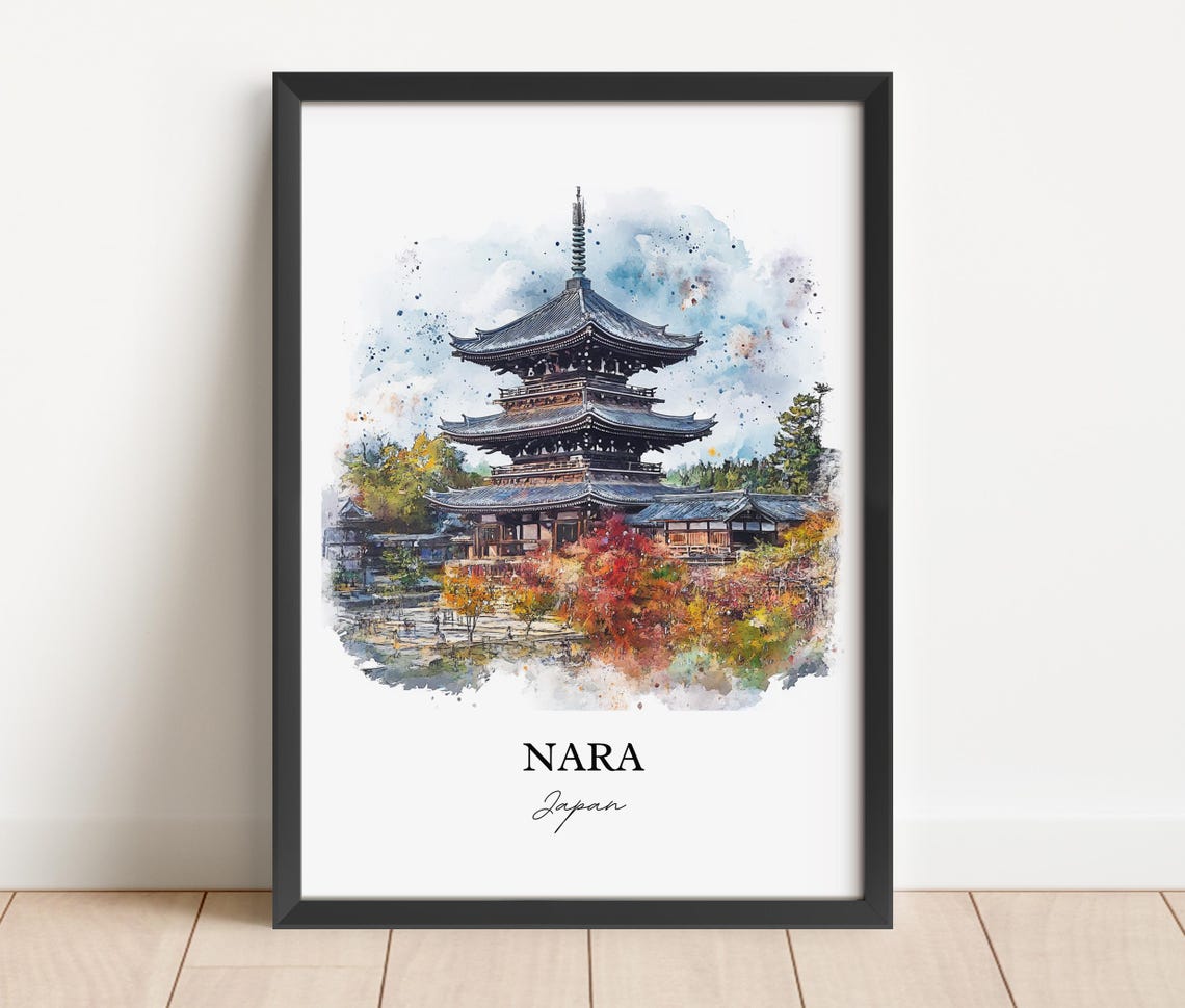 Nara Japan Watercolor Five Story Pagoda Autumn Temple Scene Poster - Image 3