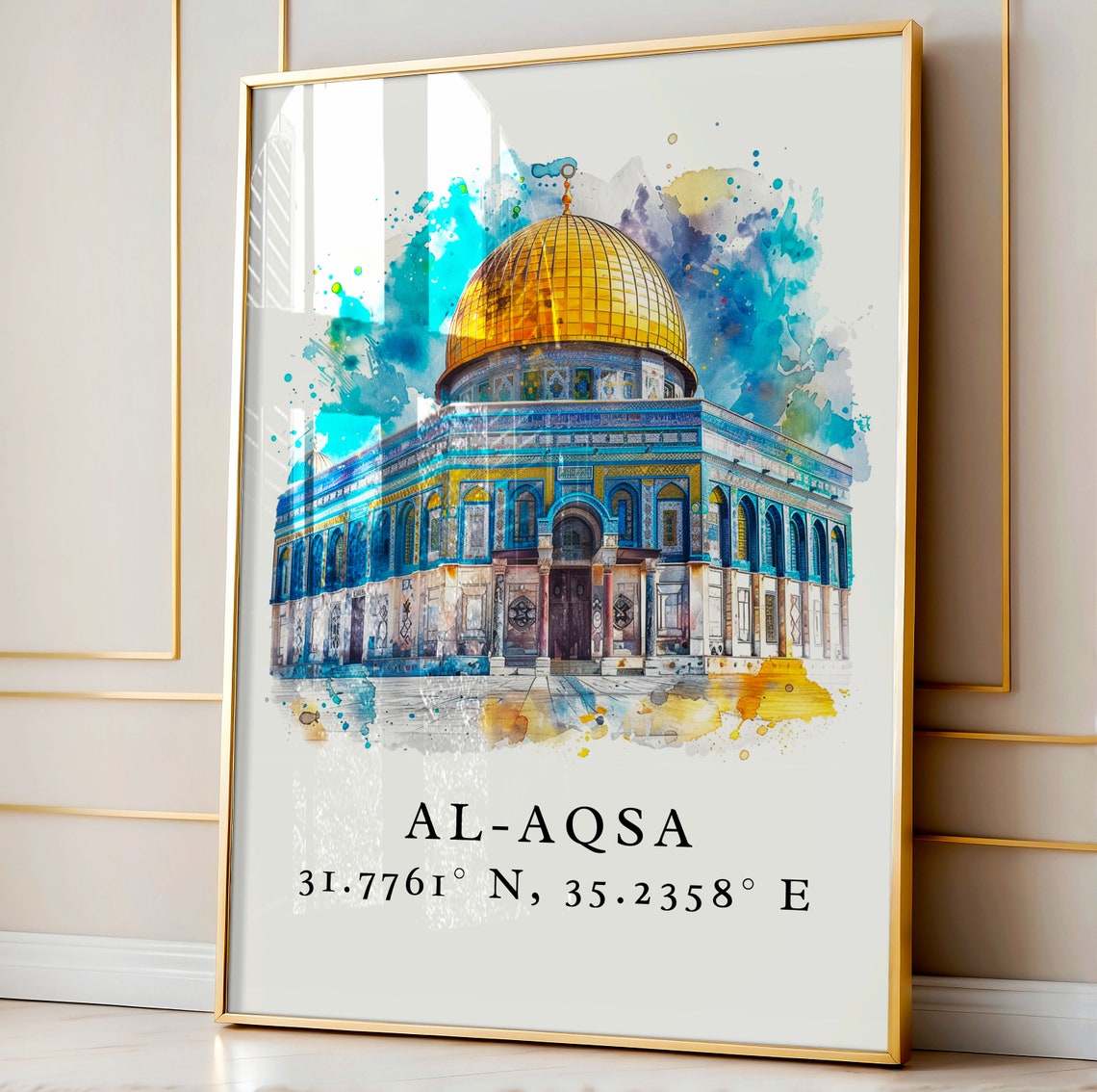 Al Aqsa Mosque Dome Watercolor Jerusalem Coordinates Travel Poster - Image 4