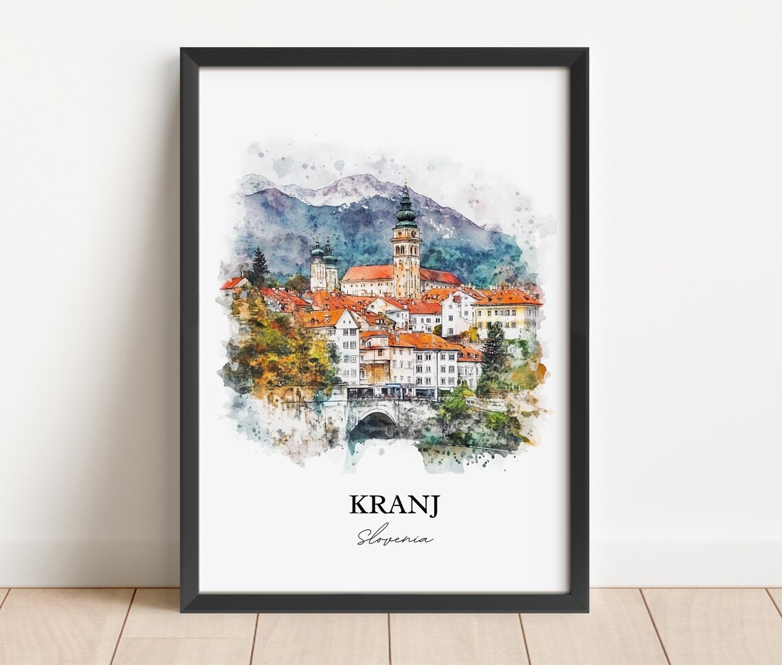 Kranj Slovenia Watercolor Old Town Church Towers Skyline Poster - Image 2