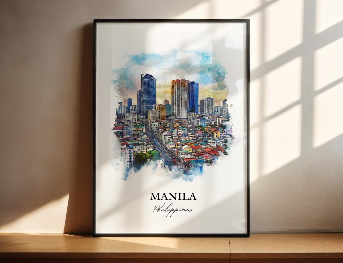 Manila Philippines Watercolor City Skyline Urban Travel Poster