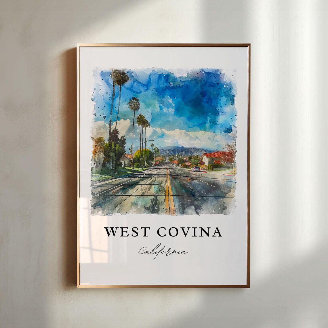 West Covina California Palm Lined Street Mountain Watercolor Poster
