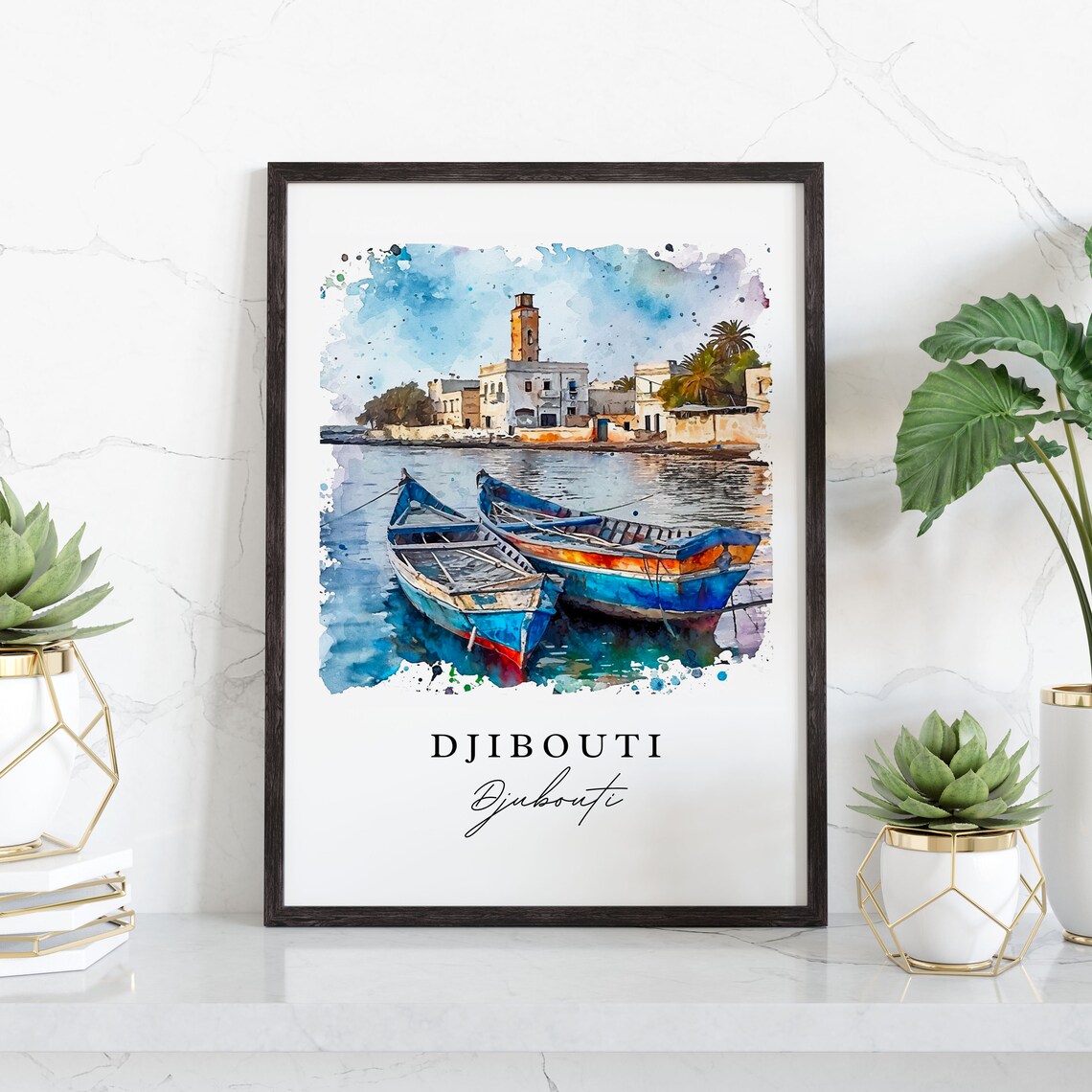 Djibouti Watercolor Harbor Boats Coastal Town Lighthouse Art Poster - Image 4