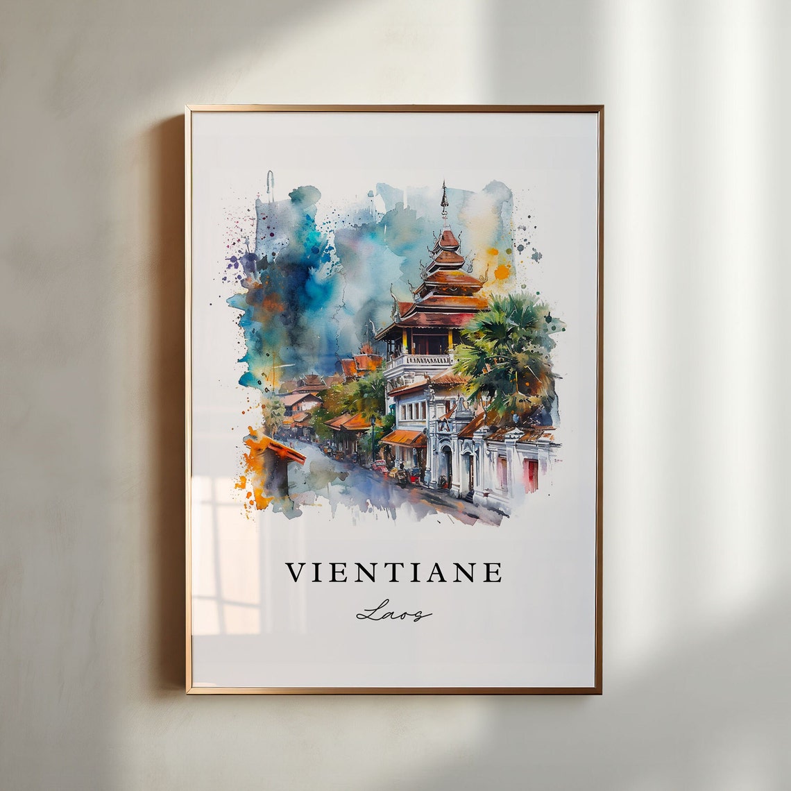 Vientiane Laos Watercolor Temple Street Pagoda Travel Poster