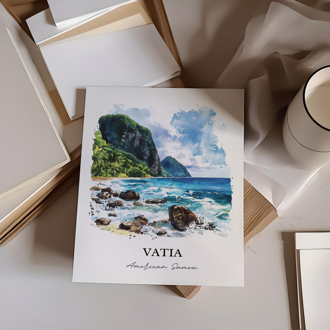 Vatia American Samoa Rocky Shoreline Sea Cliffs Watercolor Poster - Image 6