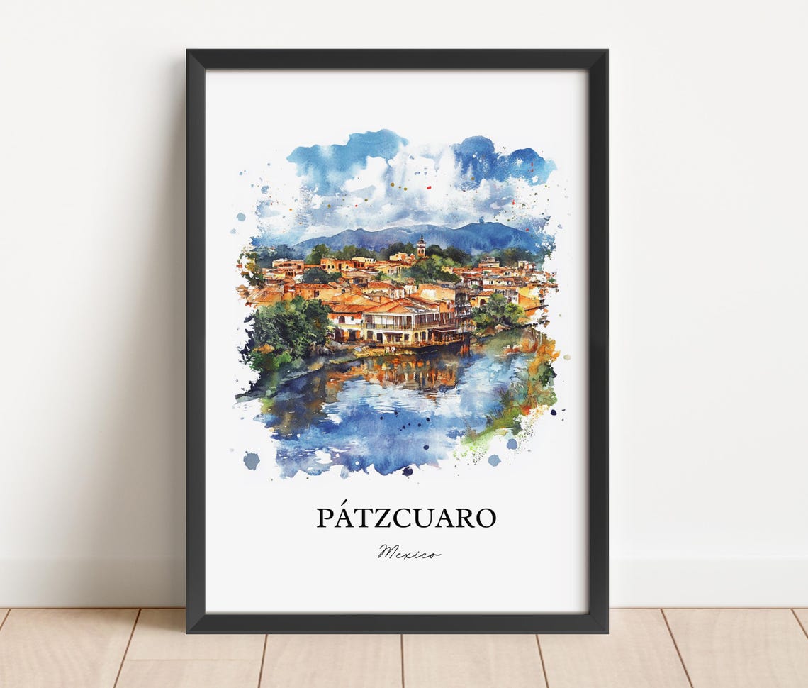Patzcuaro Mexico Watercolor Lakeside Town Reflection Mountains Poster - Image 3