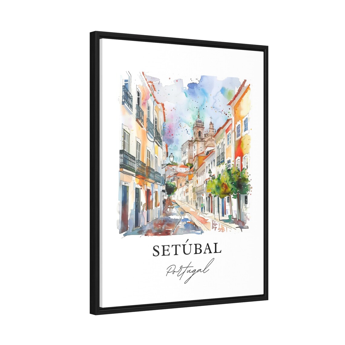 Setubal Portugal Colorful Old Town Street Watercolor Church Poster - Image 2