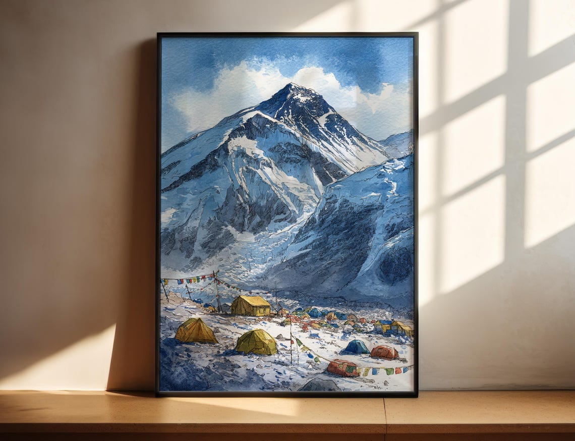 Mount Everest Base Camp Watercolor With Tents and Prayer Flags Print