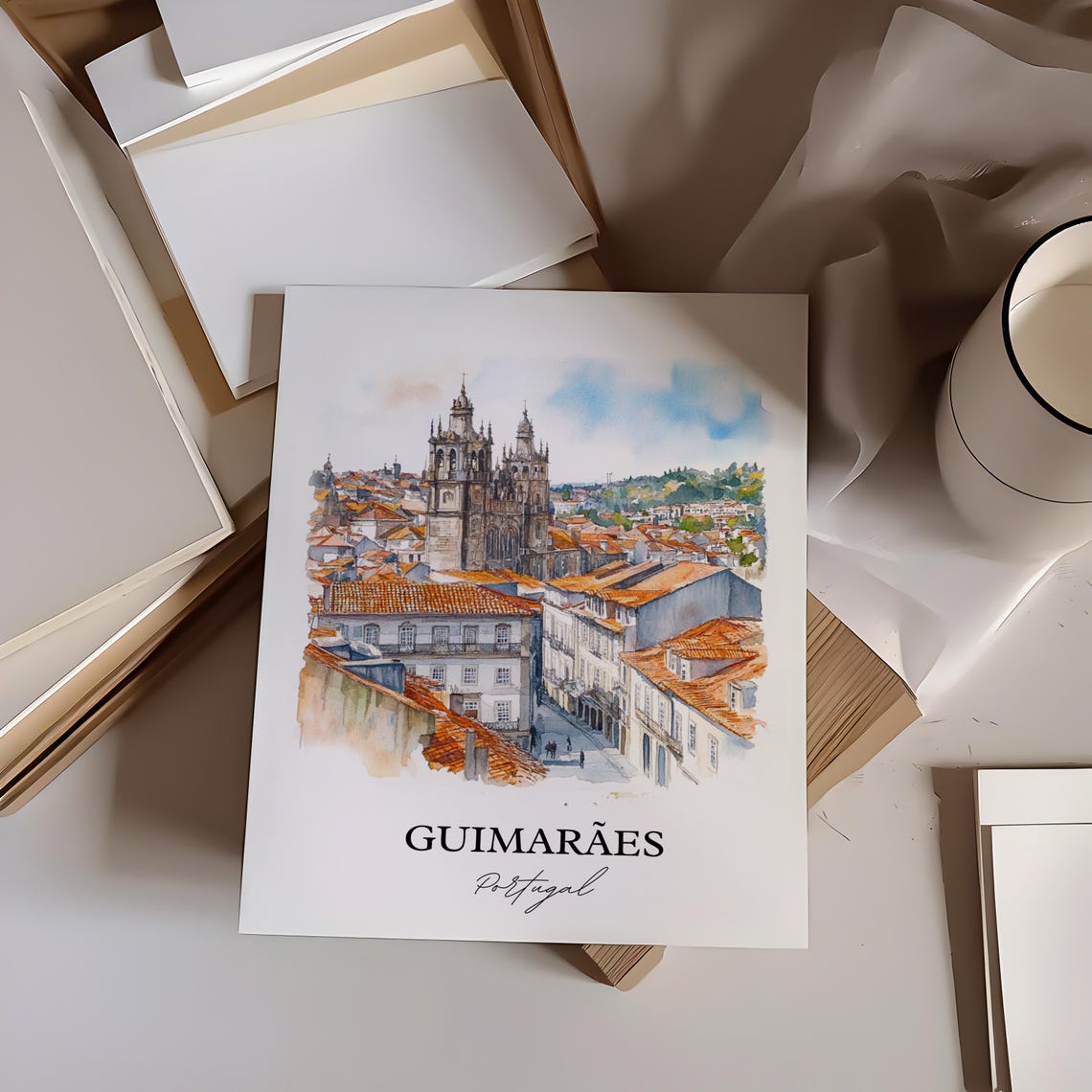 Guimaraes Portugal Watercolor Cathedral Rooftops Old Town Poster - Image 3