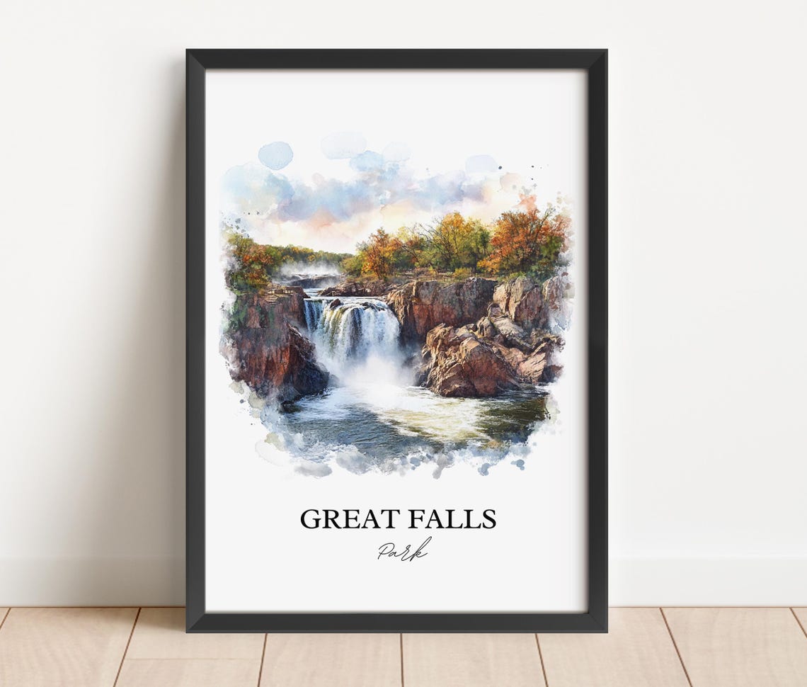 Great Falls Park Watercolor Waterfall Rocky Gorge Autumn Trees Poster - Image 2
