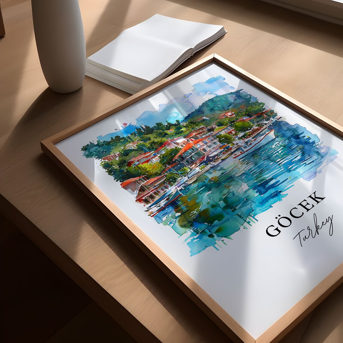 Gocek Turkey Watercolor Harbor Boats Hillside Village Poster - Image 4