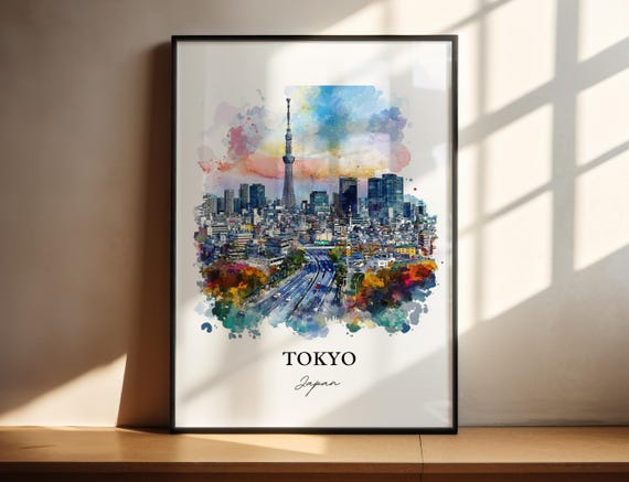 Tokyo Skyline Watercolor Travel Poster, Japan