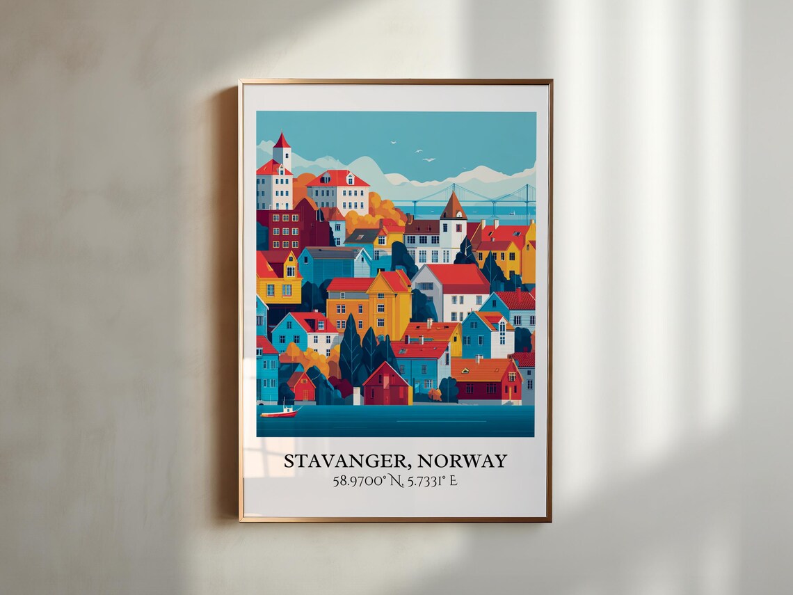 Stavanger Norway Old Town Harbor Colorful Houses Travel Poster - Image 4