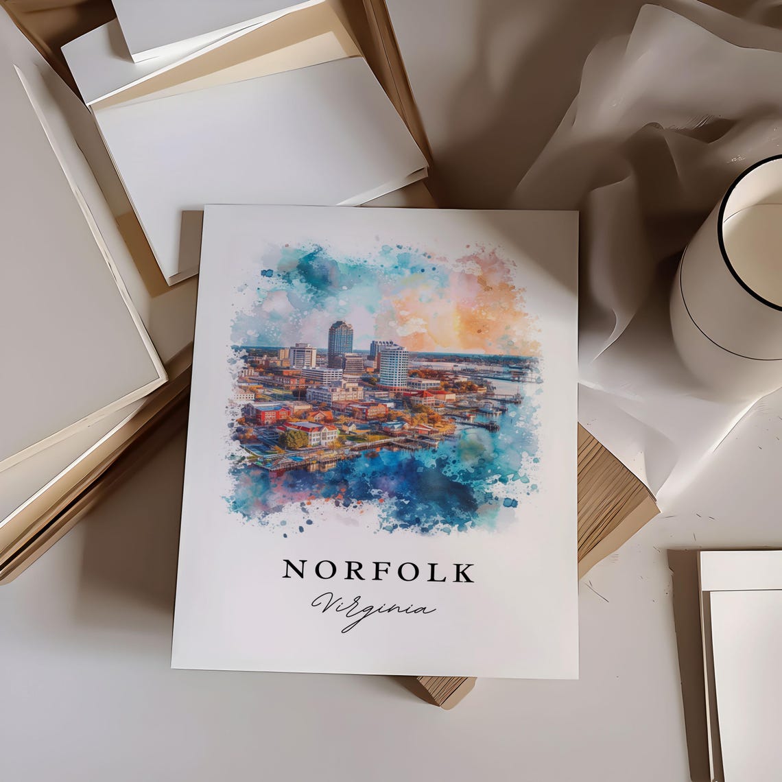 Norfolk Virginia Downtown Skyline Harbor Watercolor Art Poster - Image 6