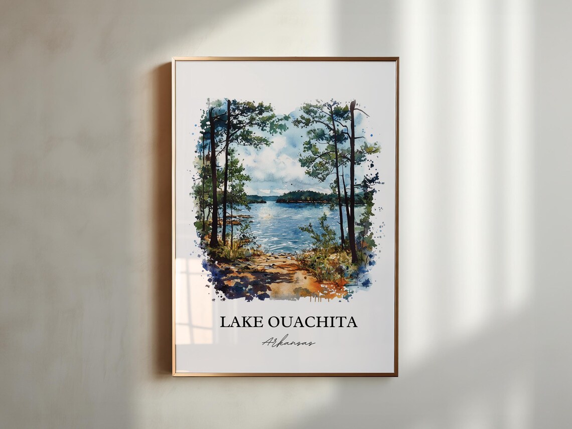 Lake Ouachita Missouri Tall Pine Trees Lakeside Watercolor Poster - Image 4
