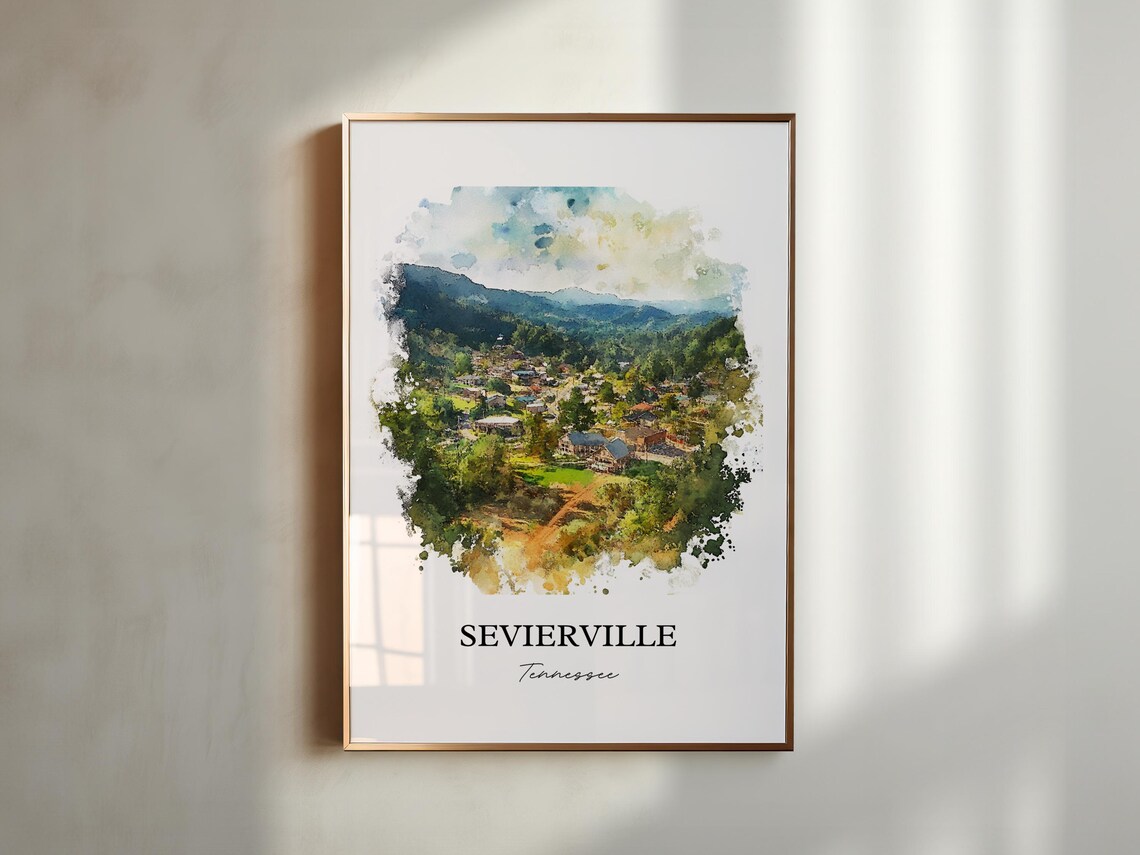 Sevierville Tennessee Scenic Mountain Town Watercolor View Poster - Image 3