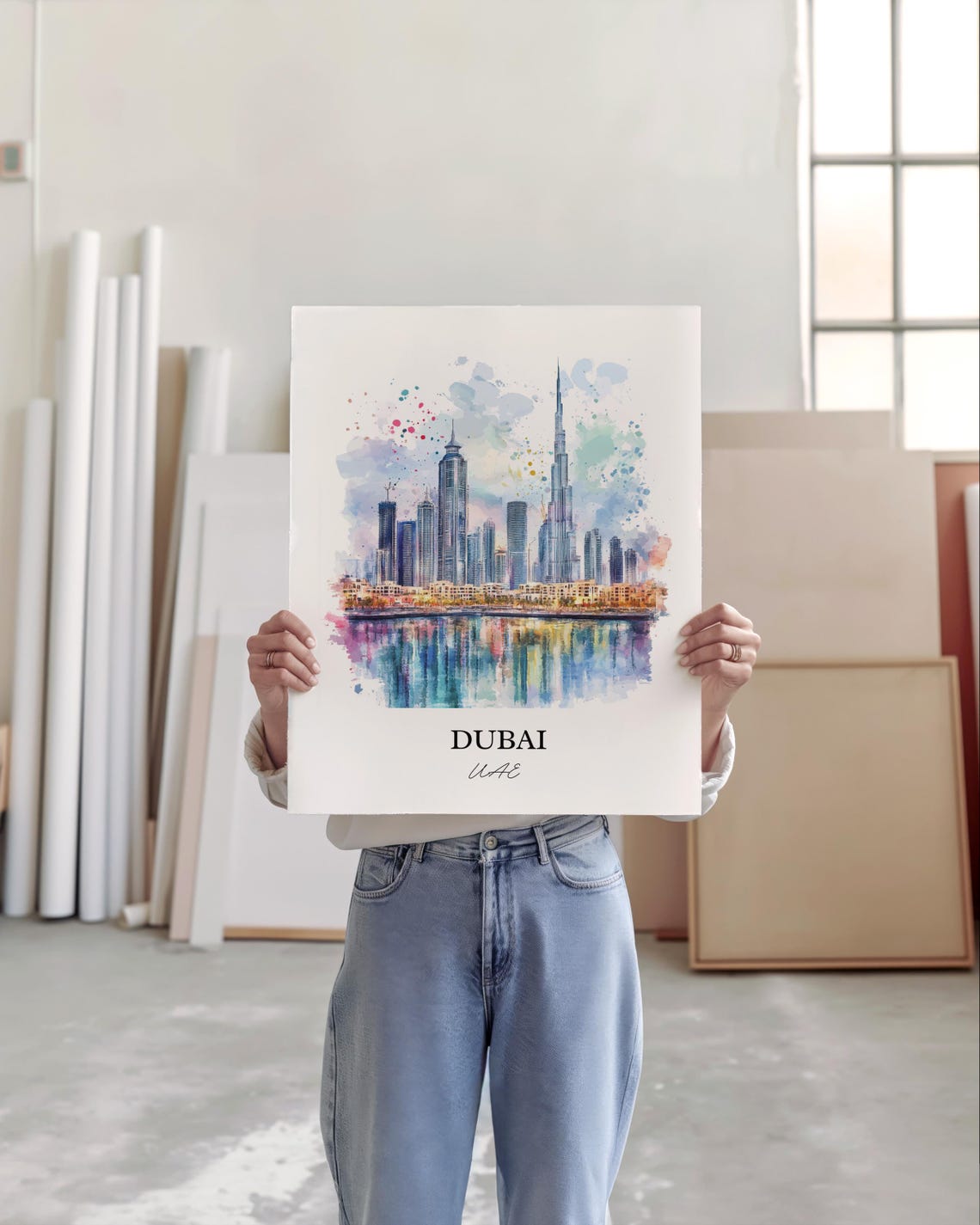 Dubai UAE Watercolor Modern Skyline Burj Khalifa Waterfront Poster - Image 5
