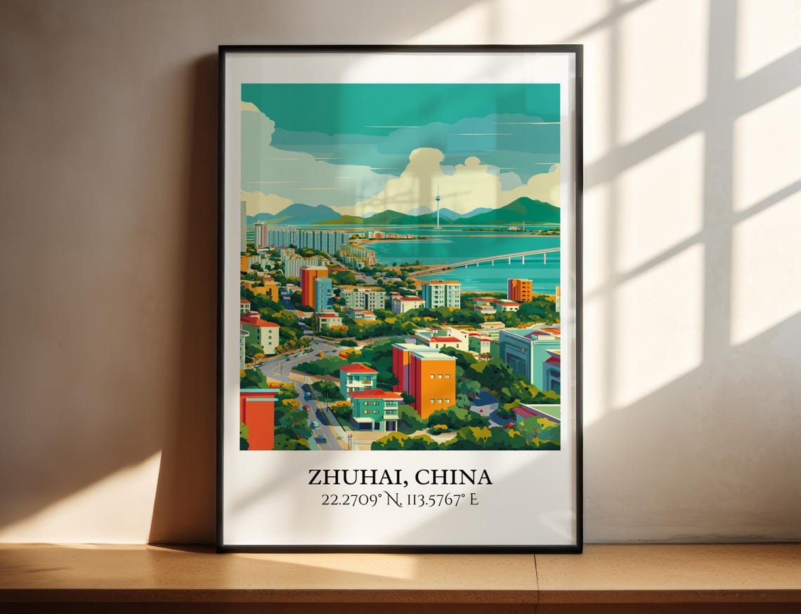 Zhuhai China Coastal Skyline Retro Travel Coordinates Art Poster