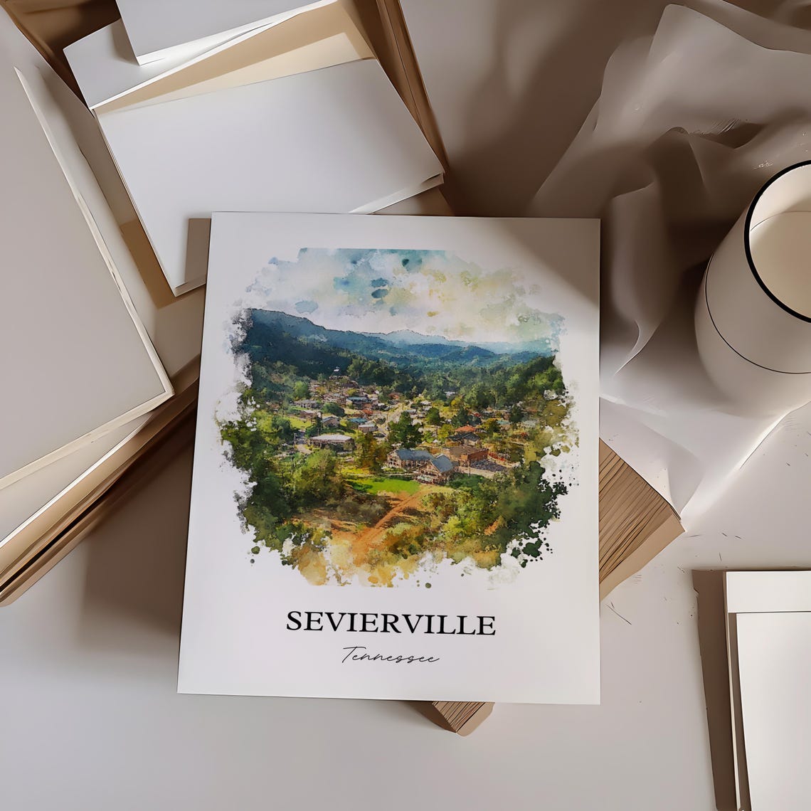 Sevierville Tennessee Scenic Mountain Town Watercolor View Poster - Image 4