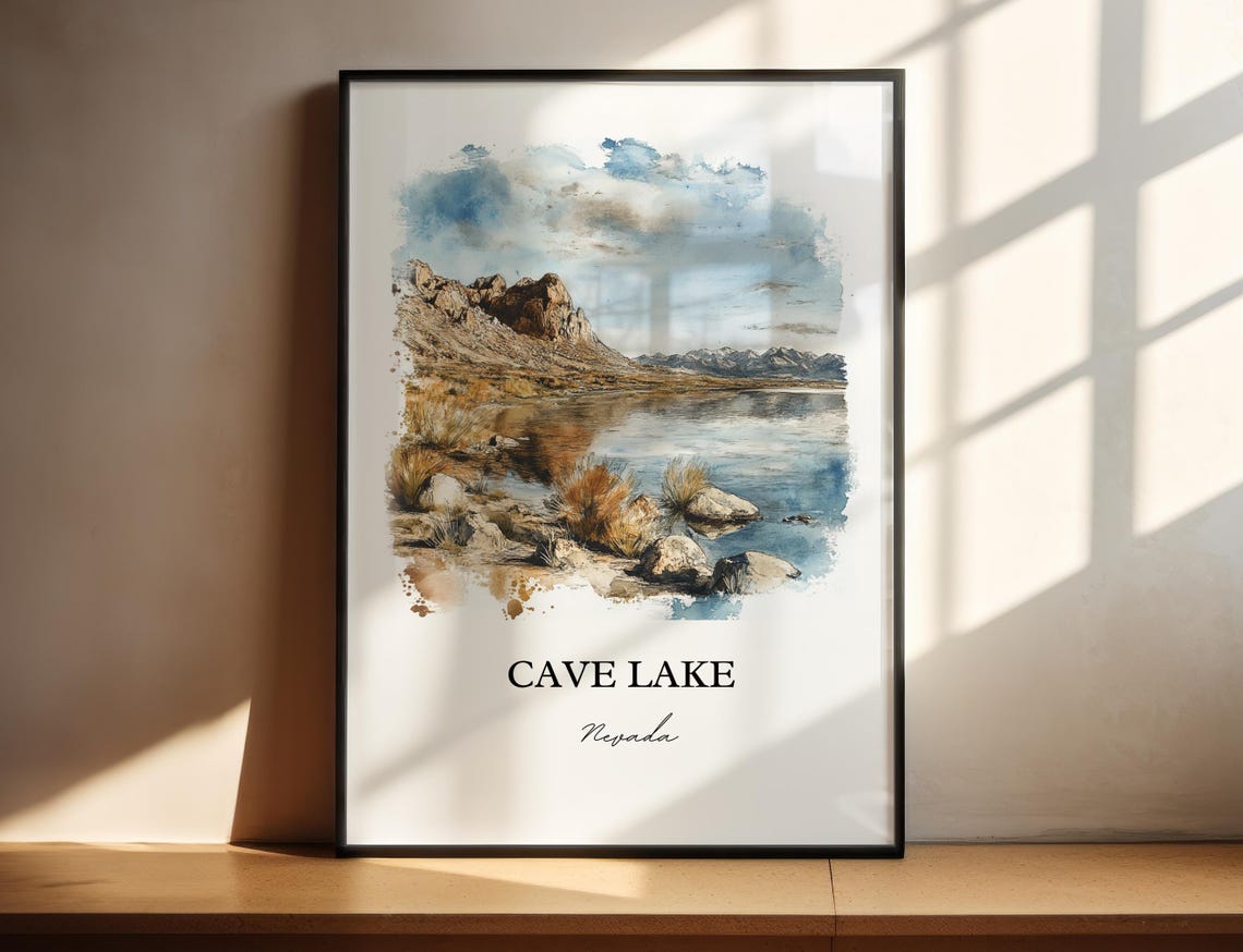 Cave Lake Nevada Rocky Desert Shore Watercolor Landscape Poster