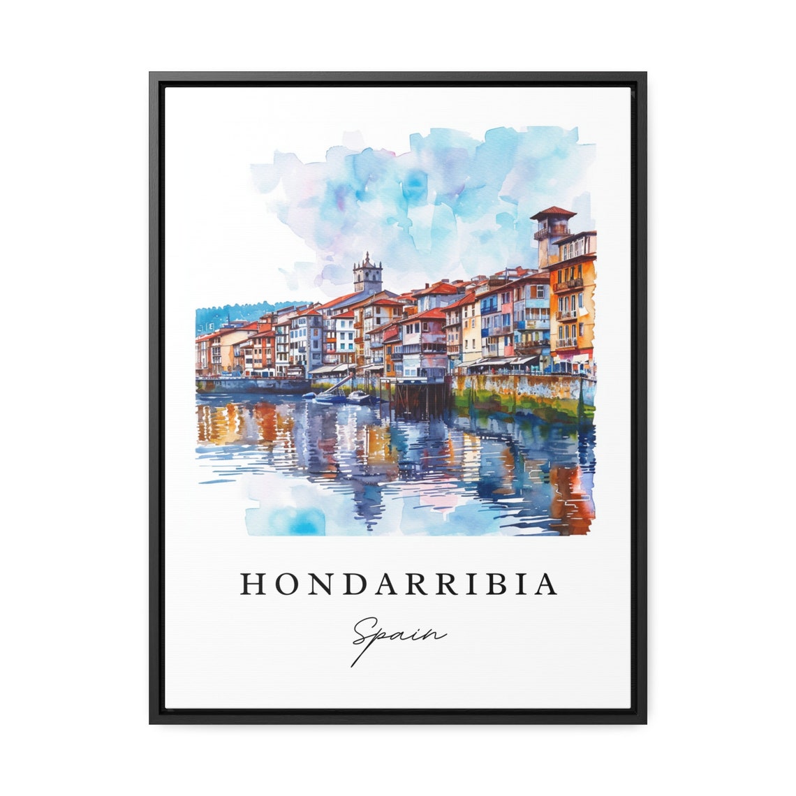 Hondarribia Spain Riverside Old Town Watercolor Travel Poster - Image 2