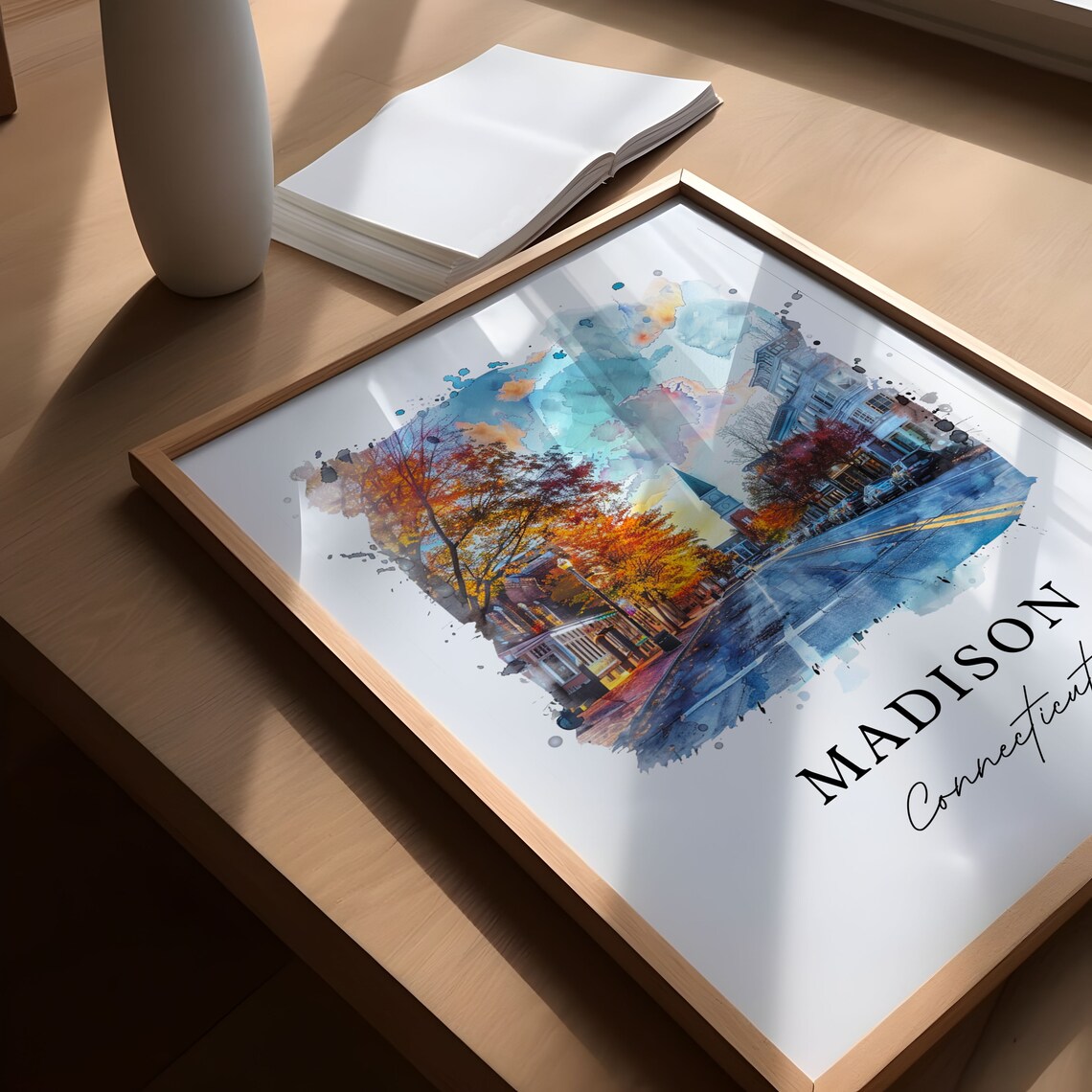Madison Connecticut Watercolor Autumn Main Street Scene Poster - Image 6