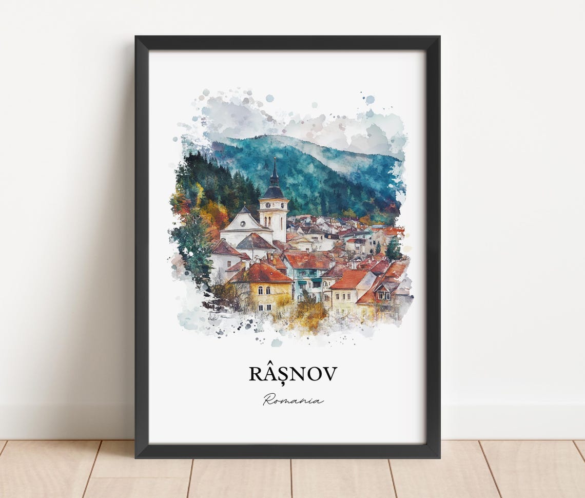 Rasnov Romania Watercolor Mountain Town Church Red Roofs View Poster - Image 5