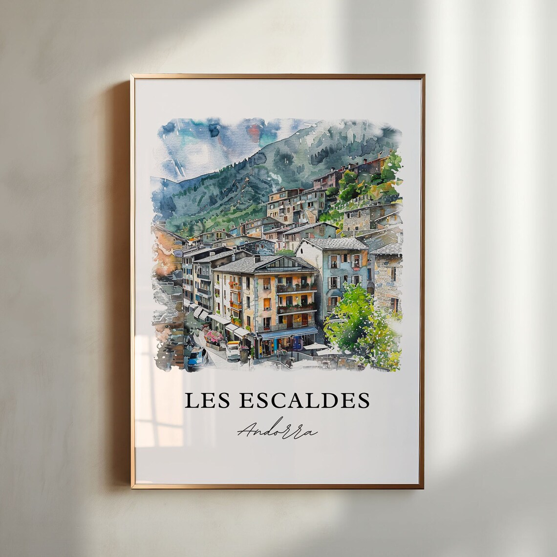 Les Escaldes Andorra Mountain Town Watercolor Alpine Village Poster